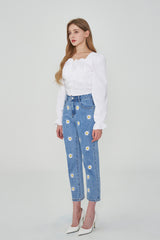 ストレートフィットフラワー刺繍デニムパンツ/IZ*ONE CHEWON, LOVELYZ KEI, ROCKET PUNCH YEONHEE WORN STRAIGHT FIT FLOWER EMBROIDERY DENIM PANTS [6663]