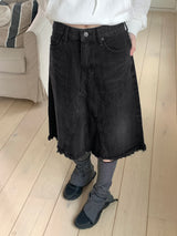 Bamit Vintage Washing Slit Midi Denim Skirt
