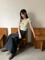 マーブルボタンポケットAラインロングデニムスカート/Muffled button pocket A-line long denim skirt