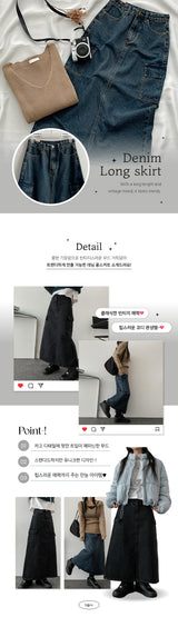 Lanca Back Slit Cargo Denim Long Skirt
