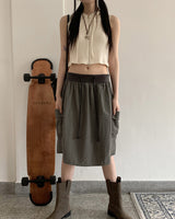 ポシカラーシャーリングポケットナイロンミディスカート / Poshi color shirring pocket nylon midi skirt