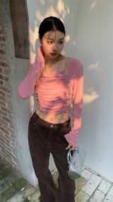Must-have shirring long-sleeved T-shirt
