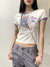 アンサーウサギプリント配色バインディングクロップ半袖Tシャツ/Answer Rabbit Print Color Matching Binding Cropped Short Sleeve T-shirt