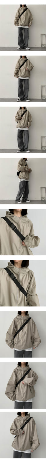 カーリングストリングハイネックウィンドブレーカーフードジップアップ / Couring String High-Neck Windbreaker Hooded Zip-Up