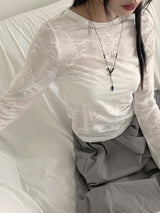 Pezzle see-through paisley slit cropped long-sleeved T-shirt