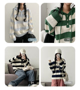 Roneck button stripe hooded knitwear