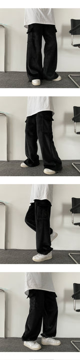 Lintbelo A Fleece-Lined Wool Lining String Ribbed Cargo Wide Pants