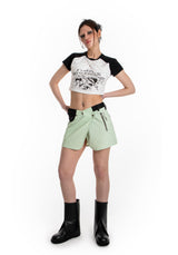 アシメトリックボタンミニスカート / ASYMMETRIC BUTTON MINI SKIRT (MIXED FABRIC)
