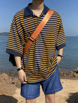 ウォッシングストライプコーラルTシャツ