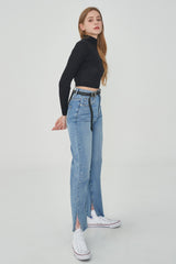 ワイドフィットベルトセットスリットデニムパンツ / SONG JI HYO, VIVIZ EUNHA, SISTAR HYRIN, EVERGLOW AISHA, NATURE LU, STAYC ISA, FROMIS_9 SAEROM WORNSEMI WIDE FIT BELT SET SLIT DENIM PANTS [6607]