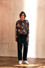 "PRE-ORDER 4/16~" VINTAGE FLOWER DROP-SHOULDER SHIRT (Navy) (6546129387638)