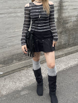 エスニックショルダースリットストライプTシャツ / Ethnic Shoulder Slit Stripe Tee