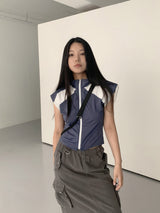スポーツセミクロップベストジップアップ/Slon  Sporty Color Semi-Crop Short-Sleeved Vest Zip-Up