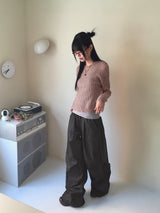 Perba pintuck shirring denim two-way long wide jogger pants