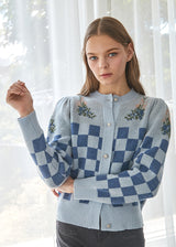 chess flower Jacquard 100%wool cardigan_new denim (6655892684918)