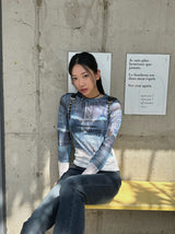 Denim see-through long sleeve top