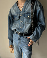 カラーレスデニムジャケット/Collarless denim jacket