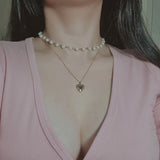  Heart Locket Layered Pearl Choker Necklace - Gold ver. (STAYC Seeun, Billlie Sheon Necklace)
