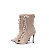 Suede Lace-Up Open Toe Heel(Beige)