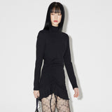 Shirring High-neck Mini Dress [BLACK] (6638395261046)