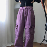 Kui パープルピグメントカーゴバックバンディングロングワイドデニムパンツ