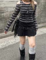 エスニックショルダースリットストライプTシャツ / Ethnic Shoulder Slit Stripe Tee