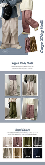 Bicol String Pleated Cargo Wide Pants