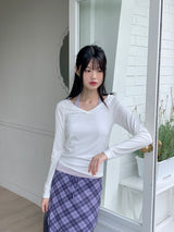 リップルホルターレイヤードVネッククロップド長袖Tシャツ