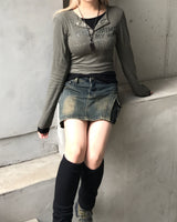 vintage layered unbalanced cargo denim pantskirt