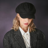 Bold metal tip wool herringbone newsboy cap charcoal