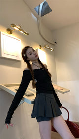 リボンオフショルダーバックレス長袖Tシャツ