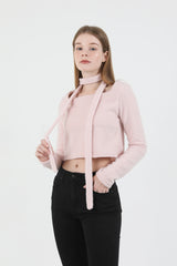 Square Neck Fur Knit T-shirt Muffler Set Pink