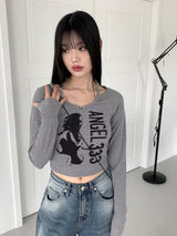フックルビーズホルターストラッププリント長袖Tシャツ / hook beaded halter thong print long sleeve t-shirt