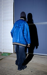  BOLD LOGO LONG VARSITY JACKET_BLUE