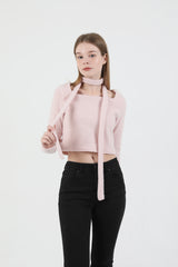 Square Neck Fur Knit T-shirt Muffler Set Pink