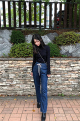 SEMI-WIDE FIT STRING POINT DARK DENIM PANTS [17708]