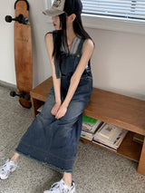モンドナーフリンジポケットサスペンダーバックオープンロングデニムワンピース / Mondner Fringe Pocket Suspenders Back Open Long Denim Dress
