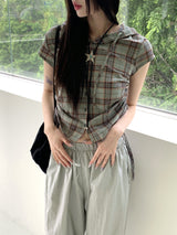 テユストリングシャーリングリネンチェックフードシャツカミス / Teyu String Shirring Linen Check Hooded Shirt Camis
