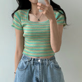 Stripe Short Sleeve Knit Top