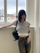 ジュリーフリルリボンラップストラップクロップ半袖Tシャツ
