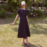 シングルボタンリネンパフドレス / Single Button Linen Puff Dress