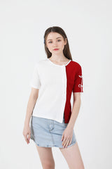 スリットリボンハーフスリーブTシャツ / Slit Ribbon Half-Sleeve T-shirt Red