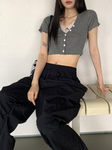 カタル一体型レースVネッククロップ半袖カーディガン/ Catal all-in-one lace V-neck cropped short-sleeved cardigan