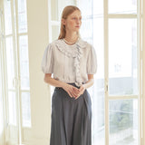 [LINE] Unbalanced Shirring Frill Blouse (Sky Blue) (6696317091958)
