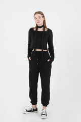 Square Neck Fur Knit T-shirt Muffler Set Black