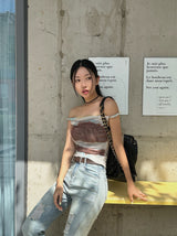 Belted light blue bootcut denim pants