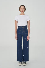 ワイドフィットハートシェープ刺繡ジーンズ/WIDE FIT HEART SHAPE EMBROIDERY JEAN [6887]