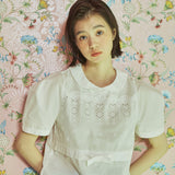 レース リボン パフ ブラウス / [LINE] Lace Ribbon Puff Blouse
