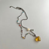 ハートフラワービーズヒップメイドネックレス / ely Yellow Orange Heart Flower Beads Hip Handmade Necklace