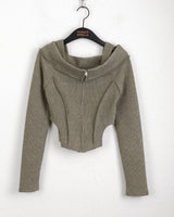 Tempt off-shoulder cut line ribbed crop zip-up